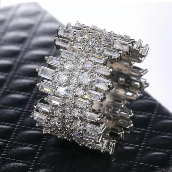 NEW Silver Baguette Round Diamond Wide Band Ring - Picture 2 of 7
